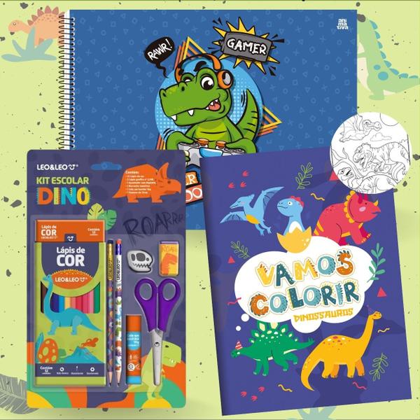 Imagem de Kit Desenho Dinossauros com Caderno Grande Capa Dura + Livro de Colorir + Kit Escolar Temático 7pcs