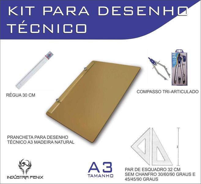 Imagem de Kit Desenho Técnico Prancheta Engenharia Arquitetura Edificações a3 NATURAL Par Esquadro 32 cm Compasso Cis 303 Regua 30