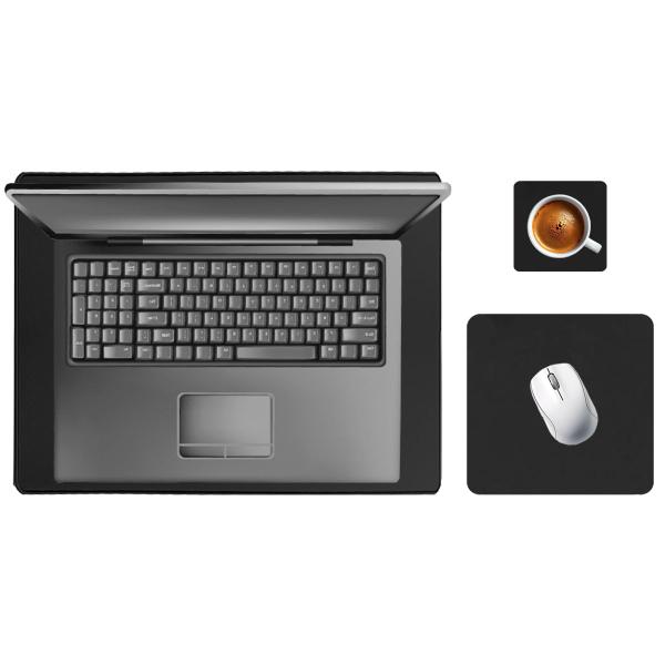 Imagem de Kit Desk Pad 43x30cm Tapete De Mouse 20x20cm + Protetor Porta Copos e Spray Flanela