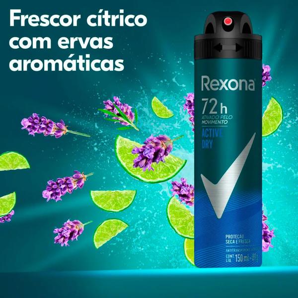 Imagem de Kit Desodorante Aerosol Rexona Masculino Active Dry/Azul 150ml - 12 Unidades