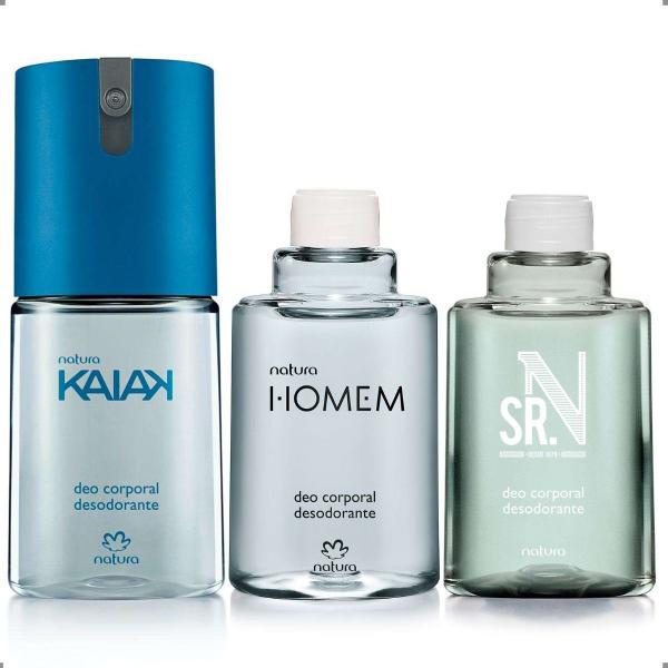 KIT Desodorante Corporal Antitranspirante Spray Kaiak Tradicional Masculino 100mL + Refil Natura Homem Clássico + Refil SR N 100mL Imagem de KIT Desodorante Corporal Antitranspirante Spray Kaiak Tradicional Masculino 100mL + Refil Natura Homem Clássico + Refil SR N 100mL