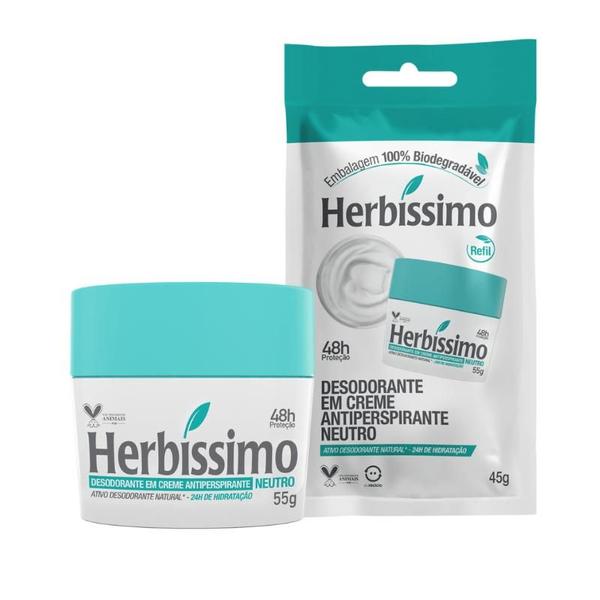 Imagem de Kit Desodorante Creme Antitranspirante Neutro Herbíssimo 55G + Sachê Refil Neutro 45G