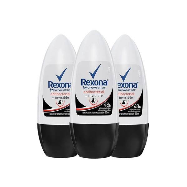 Imagem de Kit Desodorante Roll On Rexona Feminino Antibacterial Invisible 50ml - 3 Unidades