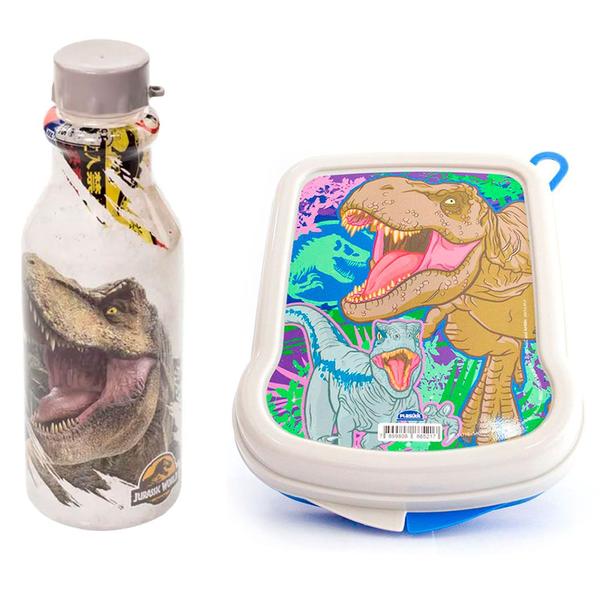 Imagem de Kit Dinossauro Garrafa e Sanduicheira Infantil Jurassic World 500ML Plasútil