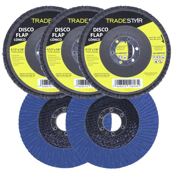 Kit Disco De Lixa Flap 4.1/2 Grão 40 Para Lixadeira 05 Un - Tradestar Imagem de Kit Disco De Lixa Flap 4.1/2 Grão 40 Para Lixadeira 05 Un