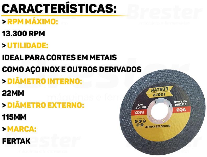 Imagem de Kit Discos De Corte Fino Inox Reforçado 115mm P/ Esmerilhadeira 10 Und Fertak