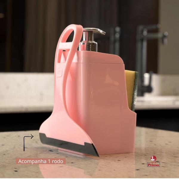 Imagem de Kit Dispensar Para Pia Porta Sabão Detergente Com Rodinho Cor Rosa Uz 