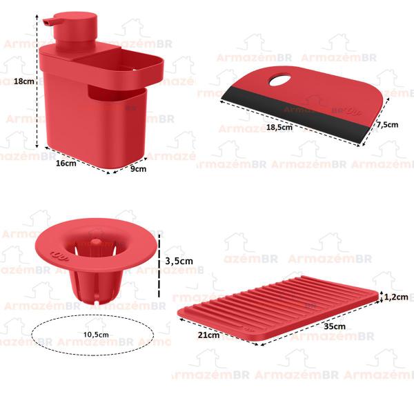 Imagem de Kit Dispenser Detergente Escorredor Filtro Ralo Rodo Pia Cozinha Vermelho - Kte 055 Ou