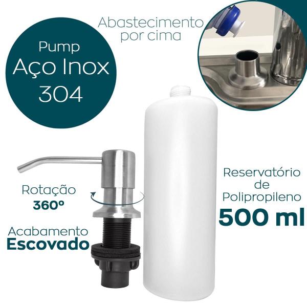 Imagem de Kit Dispenser Dosador Detergente 500ml de Embutir E Valvula Americana 3 1/2 Ralo Para Pia Cozinha Jogo Inox 2 Peças