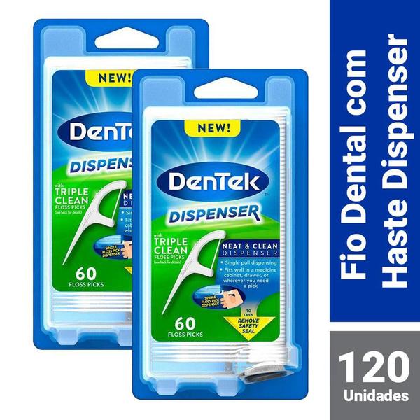 Imagem de Kit Dispenser para Fio Dental Dentek Floss Picks Triple Clean Advanced Clean 120 unidades