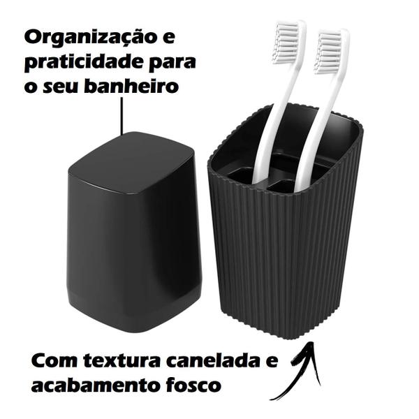 Imagem de Kit Dispenser Porta Escova Creme Dental Saboneteira Com Bandeja Banheiro New Square Preto - Coza