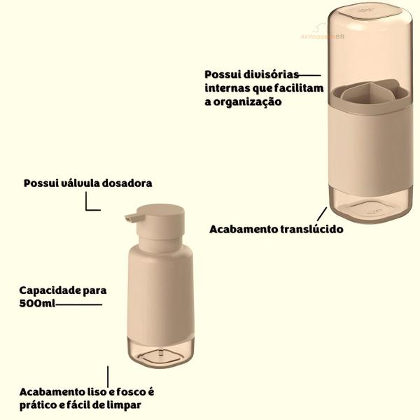 Imagem de Kit Dispenser Porta Sabonete Líquido Suporte Escova Creme Dental Bandeja Pia Bege Dual KTE 128 Ou