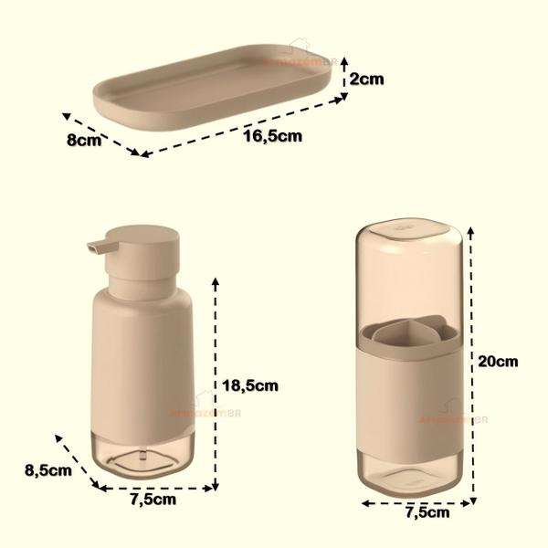 Imagem de Kit Dispenser Porta Sabonete Líquido Suporte Escova Creme Dental Bandeja Pia Bege Dual KTE 128 Ou