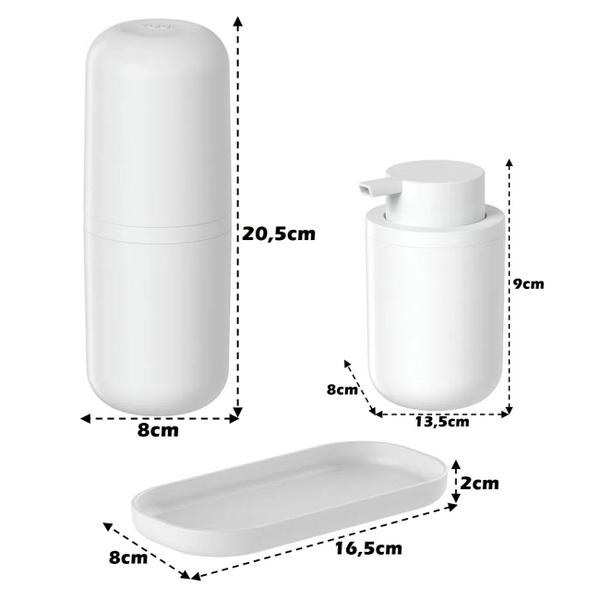Kit Dispenser Porta Sabonete Líquido Suporte Escova Creme Dental Bandeja Pia Branco Bold - KTE 129 Ou Imagem de Kit Dispenser Porta Sabonete Líquido Suporte Escova Creme Dental Bandeja Pia Branco Bold - KTE 129 Ou