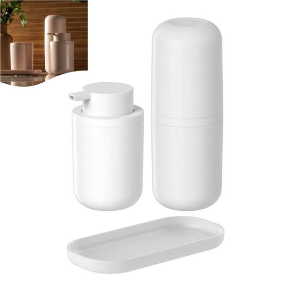 Kit Dispenser Porta Sabonete Líquido Suporte Escova Creme Dental Bandeja Pia Branco Bold - KTE 129 Ou Imagem de Kit Dispenser Porta Sabonete Líquido Suporte Escova Creme Dental Bandeja Pia Branco Bold - KTE 129 Ou