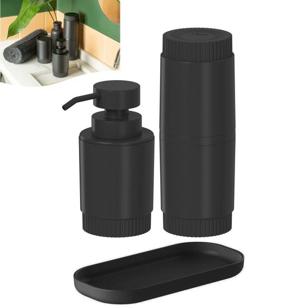 Imagem de Kit Dispenser Porta Sabonete Líquido Suporte Escova Dente Algodão Bandeja Banheiro Preto Fosco - Ou