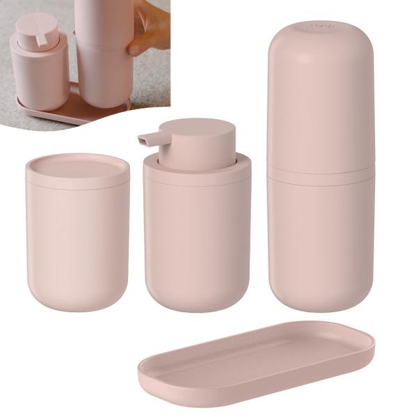 Imagem de Kit Dispenser Porta Sabonete Líquido Suporte Escova Dente Algodão Bandeja Banheiro Rosa Fosco - Ou