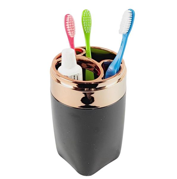 Imagem de Kit Dispenser Porta Sabonete Líquido Suporte Escova Dente Creme Dental Banheiro Preto Rose Gold - Future