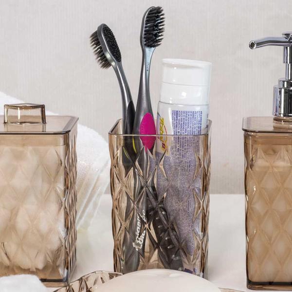 Kit dispenser sabão sabonete liquido porta escova pasta de dente creme dental pia banheiro Plasutil - Plasútil Imagem de Kit dispenser sabão sabonete liquido porta escova pasta de dente creme dental pia banheiro Plasutil