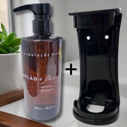 Imagem de Kit Dispenser Shampoo Luxo 500ml Melão e Jasmim com Suporte Preto  Realgems