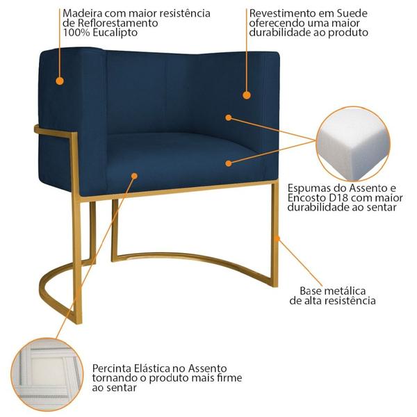 Imagem de Kit Divã Luna 140cm Lado Direito e 01 Poltrona Base de Ferro Dourado Suede Azul Marinho