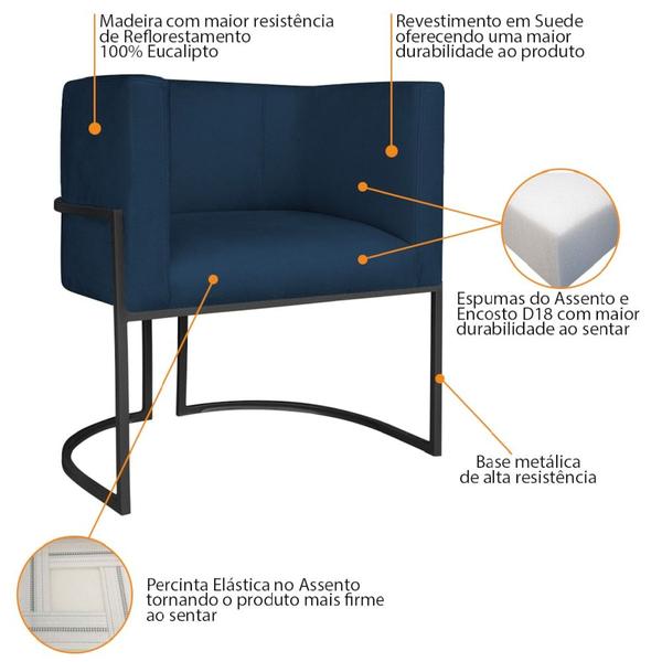 Imagem de Kit Divã Luna 140cm Lado Direito e 01 Poltrona Base de Ferro Preto Suede Azul Marinho