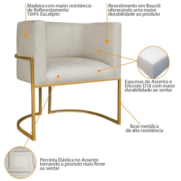 Imagem de Kit Divã Luna 140cm Lado Direito e 02 Poltronas Base de Ferro Dourado Bouclé Bege