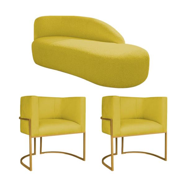 Imagem de Kit Divã Luna 140cm Lado Direito e 02 Poltronas Base de Ferro Dourado Suede