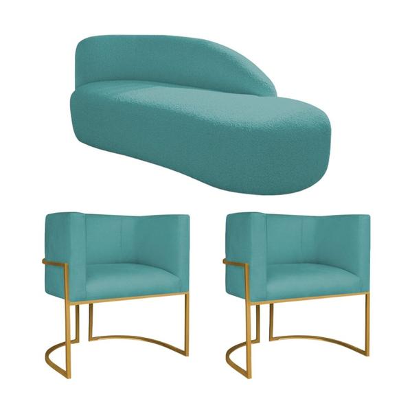 Imagem de Kit Divã Luna 140cm Lado Direito e 02 Poltronas Base de Ferro Dourado Suede Azul Turquesa