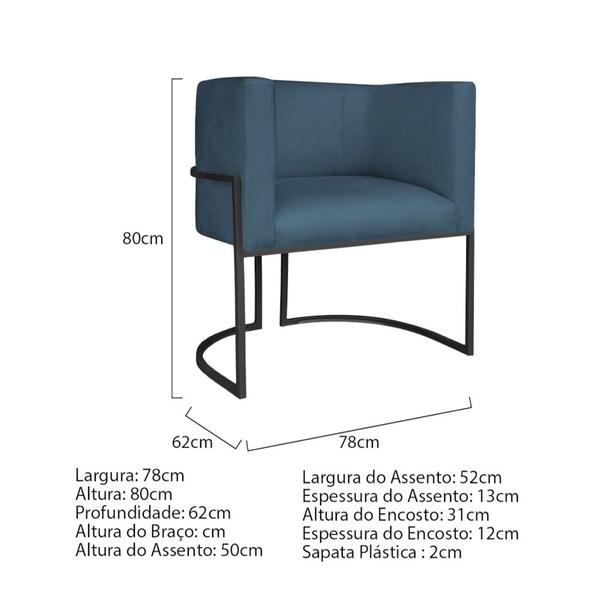 Imagem de Kit Divã Luna 140cm Lado Direito e 02 Poltronas Base de Ferro Preto Linho Azul Royal