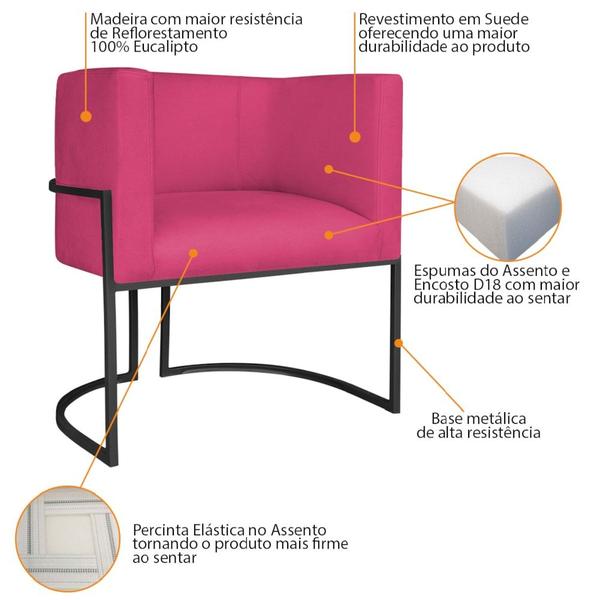 Imagem de Kit Divã Luna 140cm Lado Direito e 02 Poltronas Base de Ferro Preto Suede Pink