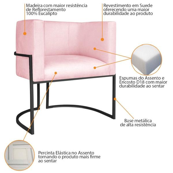 Imagem de Kit Divã Luna 140cm Lado Direito e 02 Poltronas Base de Ferro Preto Suede Rosa Bebe