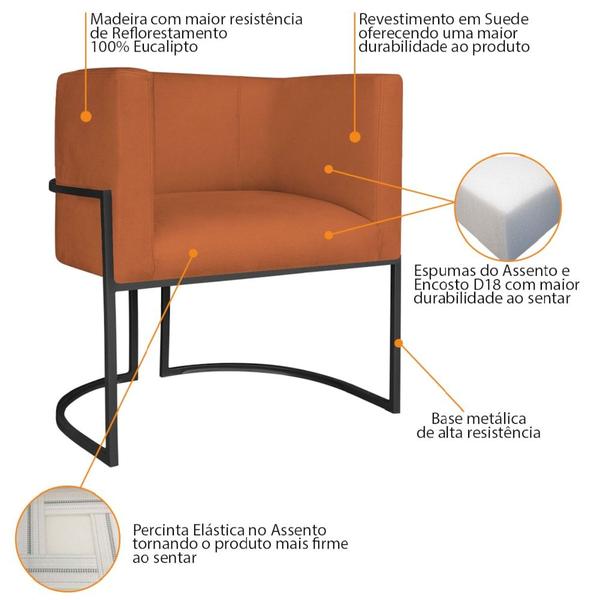 Imagem de Kit Divã Luna 140cm Lado Direito e 02 Poltronas Base de Ferro Preto Suede Terracota