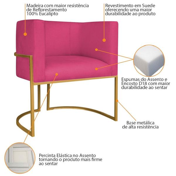 Imagem de Kit Divã Luna 140cm Lado Esquerdo e 02 Poltronas Base de Ferro Dourado Suede Pink