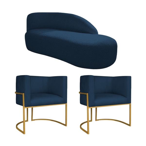 Imagem de Kit Divã Luna 160cm Lado Direito e 02 Poltronas Base de Ferro Dourado Suede Azul Marinho