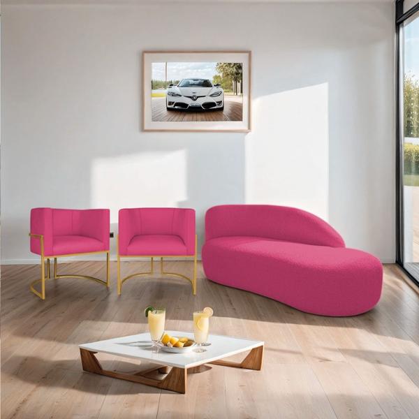 Imagem de Kit Divã Luna 160cm Lado Direito e 02 Poltronas Base de Ferro Dourado Suede Pink