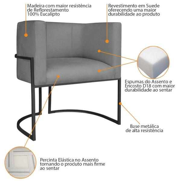 Imagem de Kit Divã Luna 160cm Lado Direito e 02 Poltronas Base de Ferro Preto Suede Cinza