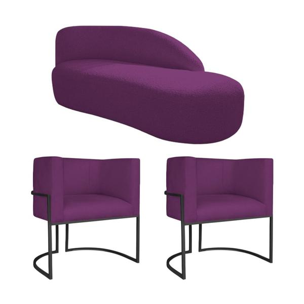 Imagem de Kit Divã Luna 160cm Lado Direito e 02 Poltronas Base de Ferro Preto Suede Roxo