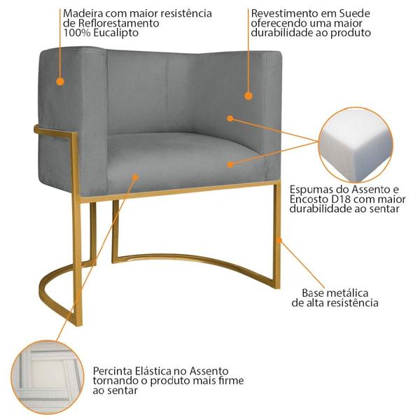 Imagem de Kit Divã Luna 160cm Lado Esquerdo e 01 Poltrona Base de Ferro Dourado Suede Cinza