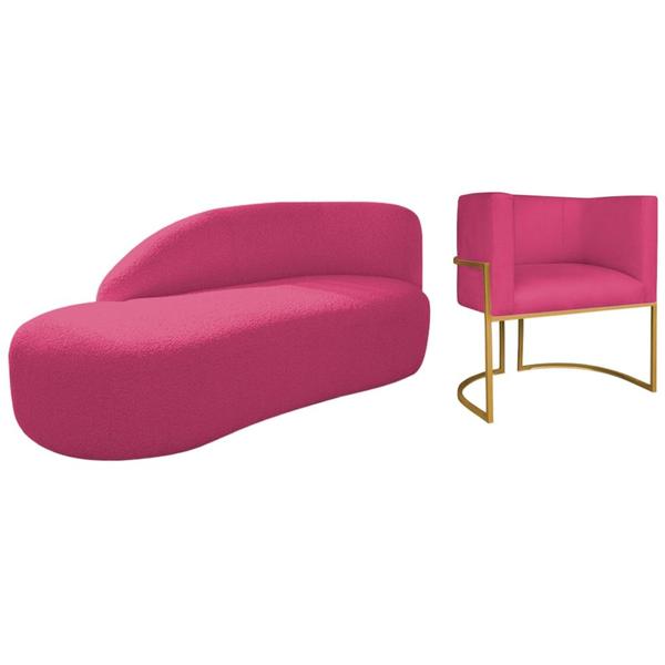 Imagem de Kit Divã Luna 160cm Lado Esquerdo e 01 Poltrona Base de Ferro Dourado Suede Pink