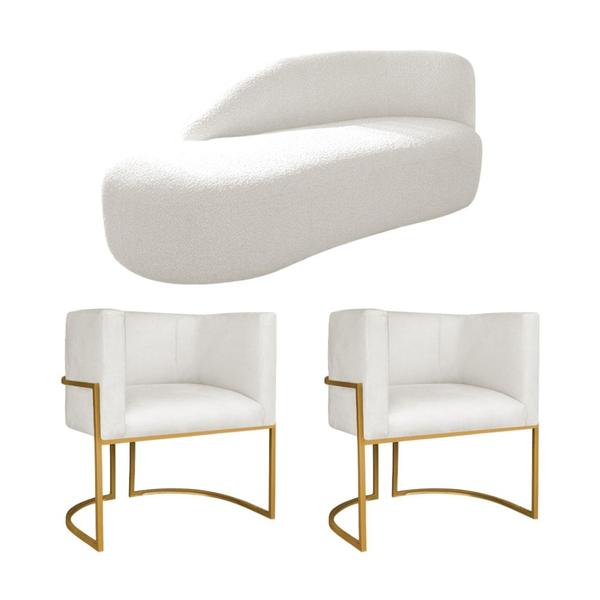 Imagem de Kit Divã Luna 160cm Lado Esquerdo e 02 Poltronas Base de Ferro Dourado Bouclé Branco