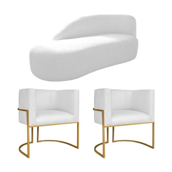 Imagem de Kit Divã Luna 160cm Lado Esquerdo e 02 Poltronas Base de Ferro Dourado Suede Branco