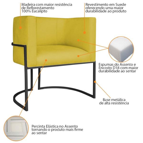 Imagem de Kit Divã Luna 160cm Lado Esquerdo e 02 Poltronas Base de Ferro Preto Suede Amarelo