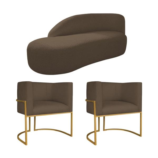 Imagem de Kit Divã Luna 185cm Lado Esquerdo e 02 Poltronas Base de Ferro Dourado Suede Marrom