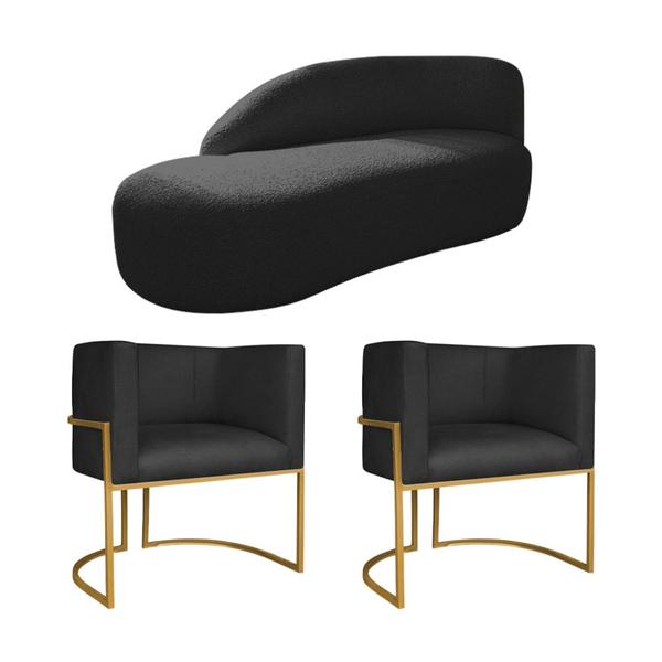 Imagem de Kit Divã Luna 185cm Lado Esquerdo e 02 Poltronas Base de Ferro Dourado Suede Preto