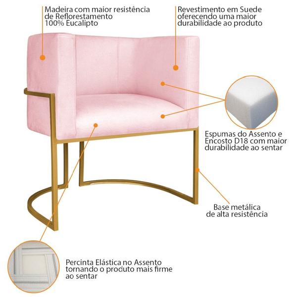 Imagem de Kit Divã Luna 185cm Lado Esquerdo e 02 Poltronas Base de Ferro Dourado Suede Rosa Bebe