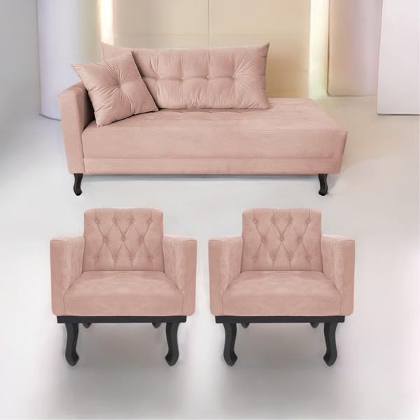 Imagem de Kit Diva Recamier Azura 140cm Lado Direito e 02 Poltronas Classic Suede - ADJ Decor