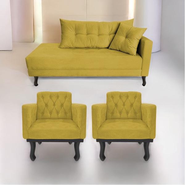 Imagem de Kit Diva Recamier Azura 140cm Lado Esquerdo e 02 Poltronas Classic Suede Amarelo - Amarena Móveis