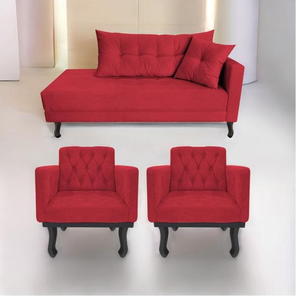 Imagem de Kit Diva Recamier Azura 140cm Lado Esquerdo e 02 Poltronas Classic Suede Vermelho - Amarena Móveis