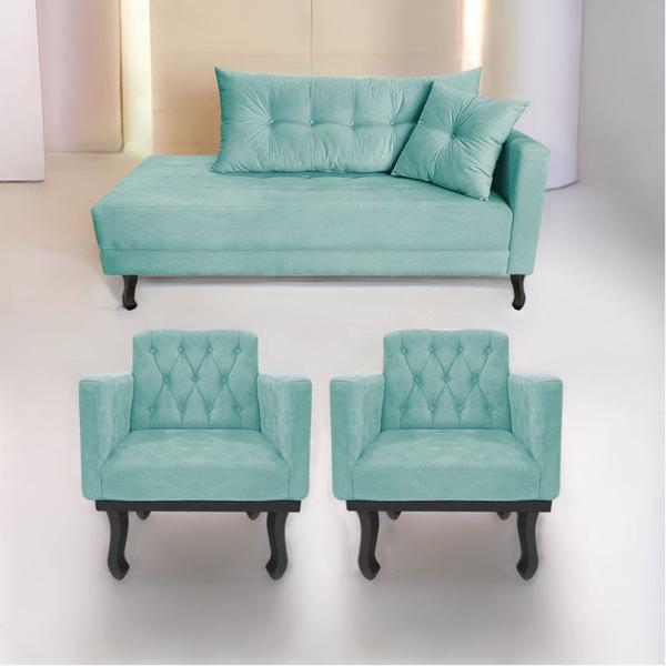 Imagem de Kit Diva Recamier Azura 160cm Lado Esquerdo e 02 Poltronas Classic Suede Azul Tiffany - Amarena Móveis